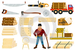 Timber vector woodcutter character or logger saws lumber or hardwood set of wooden timbered materials in sawmill photo