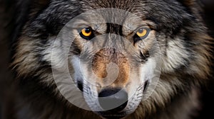 Timber wolf portrait. A close-up photo of a menacing wolf with a yellow eyes. Generative AI