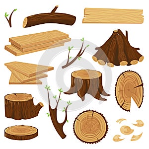 Timber wood trunk. Stacked firewood, logging tree trunks and pile of wood log isolated vector set