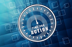 Time for action in clock symbol in blue glass cubes