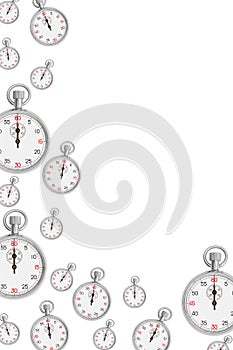 Time border with silver stopwatch isolated on white