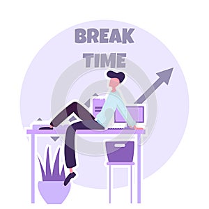 Time for a break, office worker resting at work,vector image, colorful character