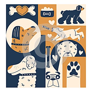 Time cards with stylish and funny animals. Pattern in hand drawn style with dog. Vector illustration in flat style