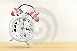 Time change in Canada, spring forward. Summer time concept, over white background. A white alarm clock with a minute