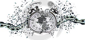 Time clock breaking in  2 two flying pieces bipolar time pass memory loss future new era feelings  gears free freedom psychology