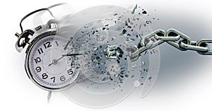 Time clock breaking in  flying pieces time pass memory loss future new era feelings  gears free freedom psychology war