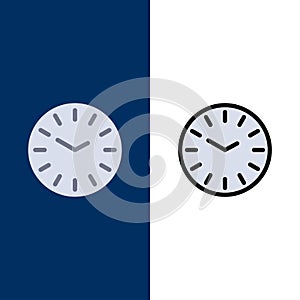 Time, Clock, Cleaning  Icons. Flat and Line Filled Icon Set Vector Blue Background