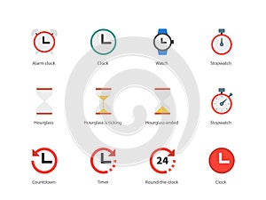 Time and Clock color icons on white background. photo