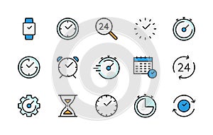Time and clock color linear icons vector symbol set. Time management. Collection of time colorful icon set. Simple