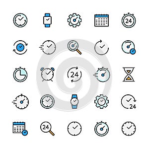 Time and clock color vector related linear icons set. Time management. Icon set for websites and mobile phones white