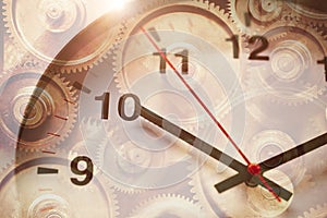 Time clock face overlay with gear rotation for working hours drives the business industry forward concept