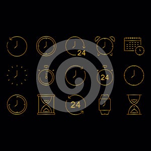 Time and clock Golden color Editable line icons set