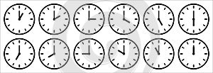 Time and clock icon set. Complete twelve hours pointed clockwise of clock sharp vector illustration. Analog wall clocks icons set.