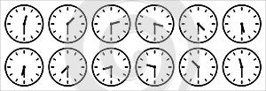 Time and clock icon set. Half past of the clock sign.Complete twelve hours pointed clockwise of clock vector illustration. Analog