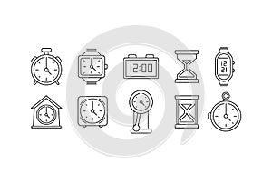 Time clock icon set. Linear web signs. Flat style icons isolated on white background