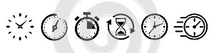 Time and clock icons set, stopwatch, timer, time management concept, progress bar loading signs, speed clock symbol, fast