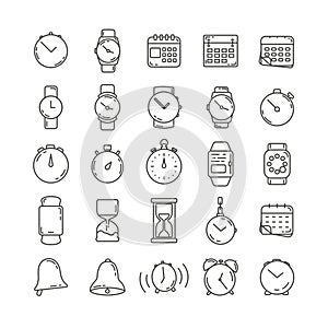 Time and Clock line icon set with Watch, alarm, smartwatch