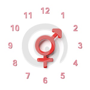 Time and clock red reflect male female gender symbol love theme on white background. Concepts of families valentine and sexuality.