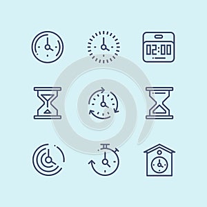 Blue Set of time, clock, watch, timer vector simple outline icons for web and mobile design pack 2