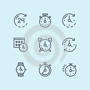 Blue Set of time, clock, watch, timer vector simple outline icons for web and mobile design pack 1
