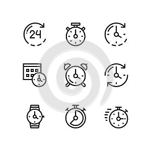 Set of time, clock, watch, timer vector simple outline icons for web and mobile design pack 1