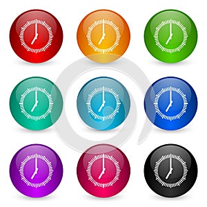 Time, clock, watch vector icons, set of colorful glossy 3d rendering ball buttons in 9 color options