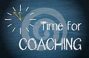 Time for Coaching - clock with text on blue background