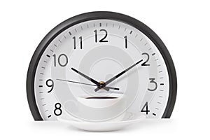 Time for a coffee break, work with coffee cup and clock at ten o clock isolated on white