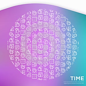 Time concept in circle with thin line icons: coffee time, stopwatch, smart watch, hot time, sale, deadline, alarm, open hours, co