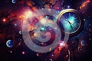 Time concept with clock and planets in space. 3D Rendering, Colorful abstract wallpaper texture background, Universe and time