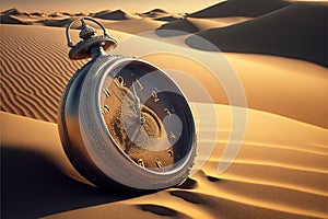 Time concept, old clock in desert, surreal landscape with sand and vintage clock, generative AI