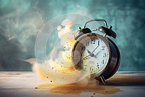 time concept, retro alarm clock dissolving into dust, symbolizing the finality of our existence