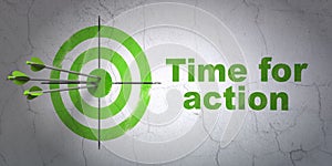 Time concept: target and Time for Action on wall background