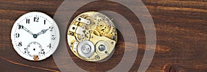 Time concept, vintage pocket watch face and clockwork, web banner