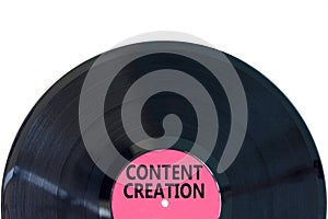 Time for content creation symbol. Concept words Content creation on beautiful black purple vynil disk. Beautiful white table white