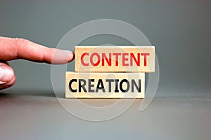 Time for content creation symbol. Concept words Content creation on beautiful wooden block. Beautiful grey table grey background.