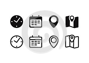 Time, date and address icon set. Calendar, clock, location and map. Time, contact, calendar, home. Set web icons for UI