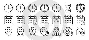 Time and date line icons set. Address and navigation outline icons collection