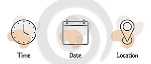 Time, date, location or place icons symbol. Trendy and modern vector illustration in flat style