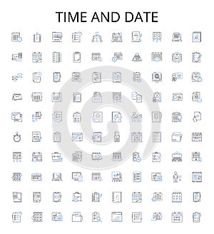 Time and date outline icons collection. Time, Date, Calendar, Clock, Hour, Minute, Second vector illustration set. Day