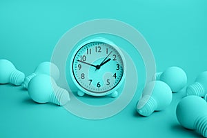 Time,dateline and creativity concepts with group of lightbulb and clock on pastel color background.Business solution.Performance