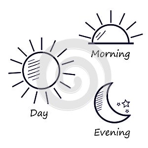 Time of the day simple icons set. Sunrise, sun, sunshine, moon and stars, silhouette vector symbols isolated on white