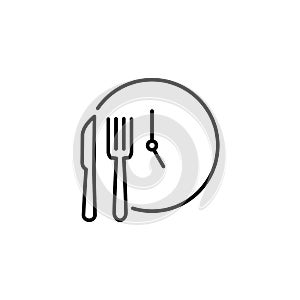 time eat lunch icon, hour healthy food, diet fast concept, break meal, clock with fork knife, thin line symbol on white