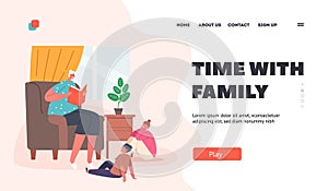 Time with Family Landing Page Template. Granny Reading Book to Grandchildren. Happy Little Boy and Girl Characters