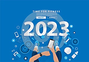 Time for fitness concept 2023 new year in gym healthy lifestyle design, Vector