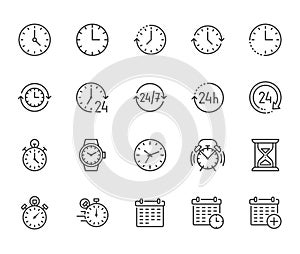 Time flat line icons set. Alarm clock, stopwatch, timer, sand glass, day and night, calendar vector illustrations. Thin photo