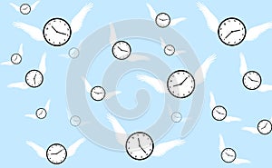 Time Flies Concept Background with flying clock in the sky Illustration. Modern space and time concept