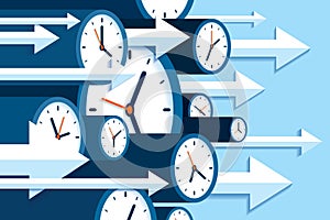 Time forward. 3d Clock icons in flat style, right arrows, timers on blue background. Time management. More watch and pointers. Bus