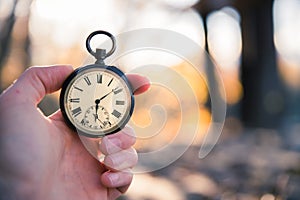 Time goes by: vintage watch outdoors, hand-held; wood and leaves