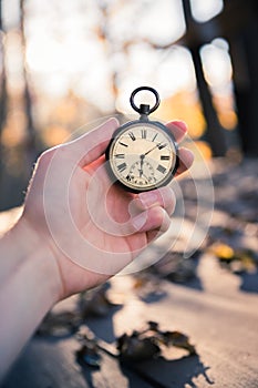 Time goes by: vintage watch outdoors, hand-held; wood and leaves